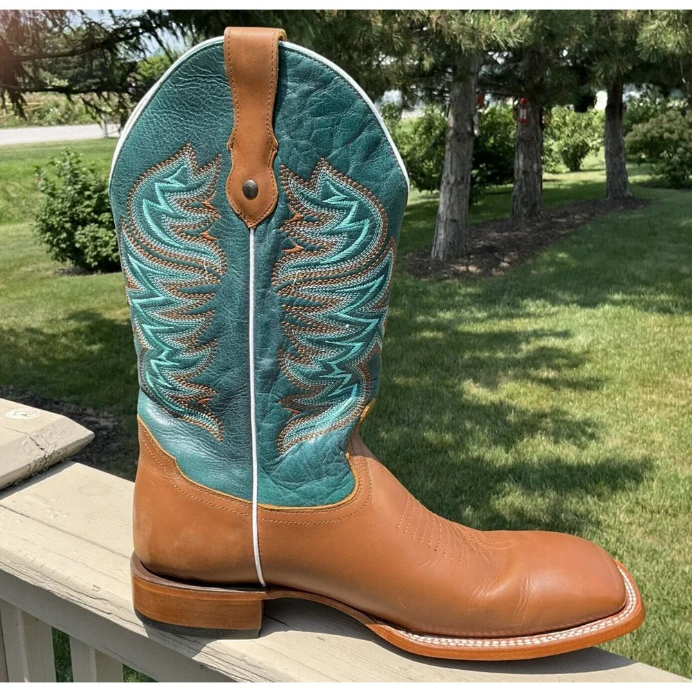 Alfa Western Wear Men's Cowboy Boots Square Toe Blue Green Leather Sz 12‎ Mexico